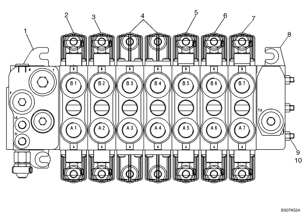 Схема запчастей Case 580M - (08-37) - VALVE ASSY - BACKHOE CONTROL, 7 SPOOL (W/ EXT DIPPER, W/ OR W/O AUX HYDS, W/ PILOT CONTROLS) (08) - HYDRAULICS