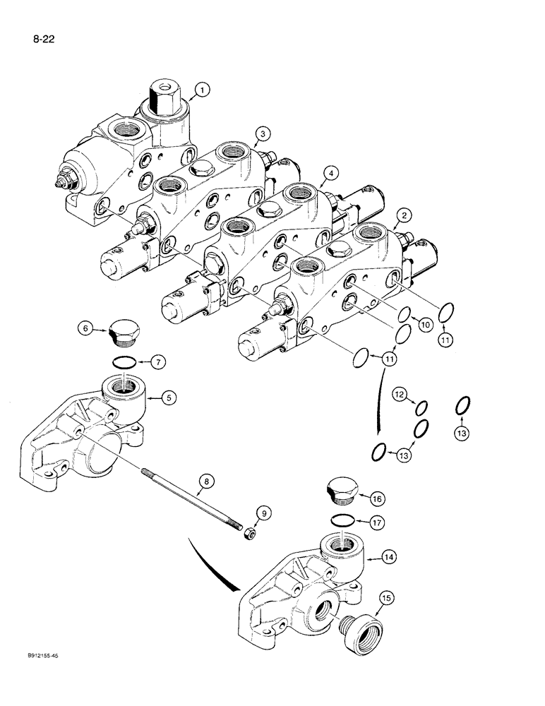 Схема запчастей Case 621 - (8-22) - LOADER CONTROL VALVE, THREE SPOOL (08) - HYDRAULICS