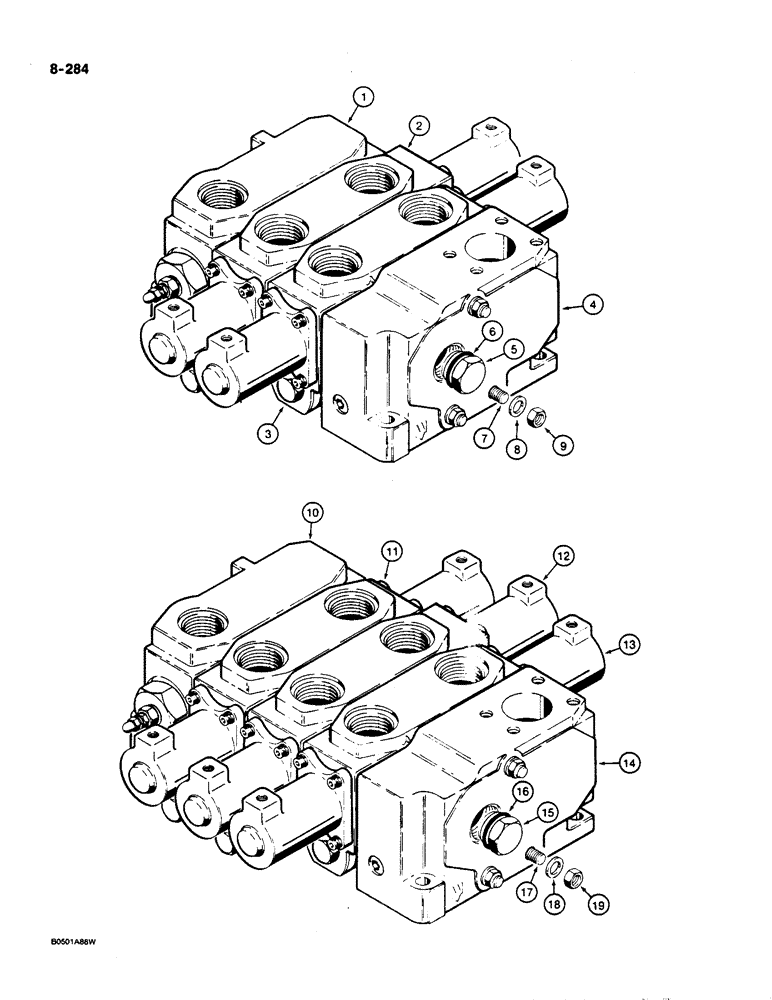 Схема запчастей Case W36 - (8-284) - LOADER CONTROL VALVES,WITH REMOTE HYDRAULICS (08) - HYDRAULICS