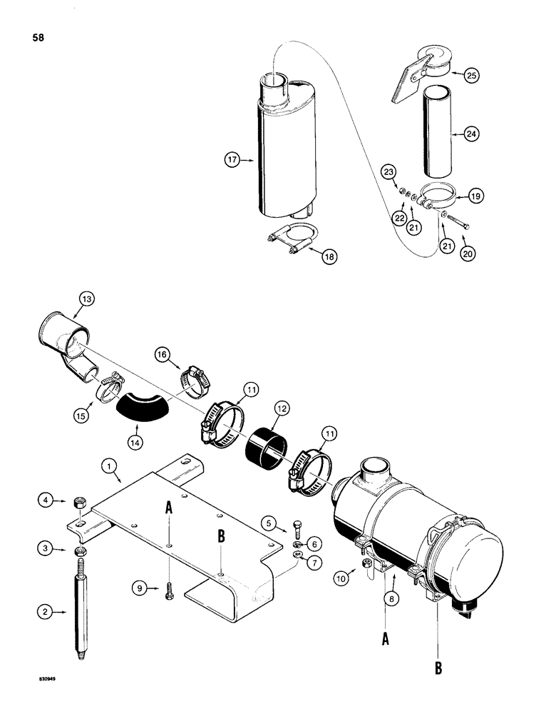 Схема запчастей Case 1150D - (058) - AIR CLEANER AND MUFFLER MOUNTING, DOZER AND DRAWBAR MODELS W/ TURBOCHARGER (02) - ENGINE