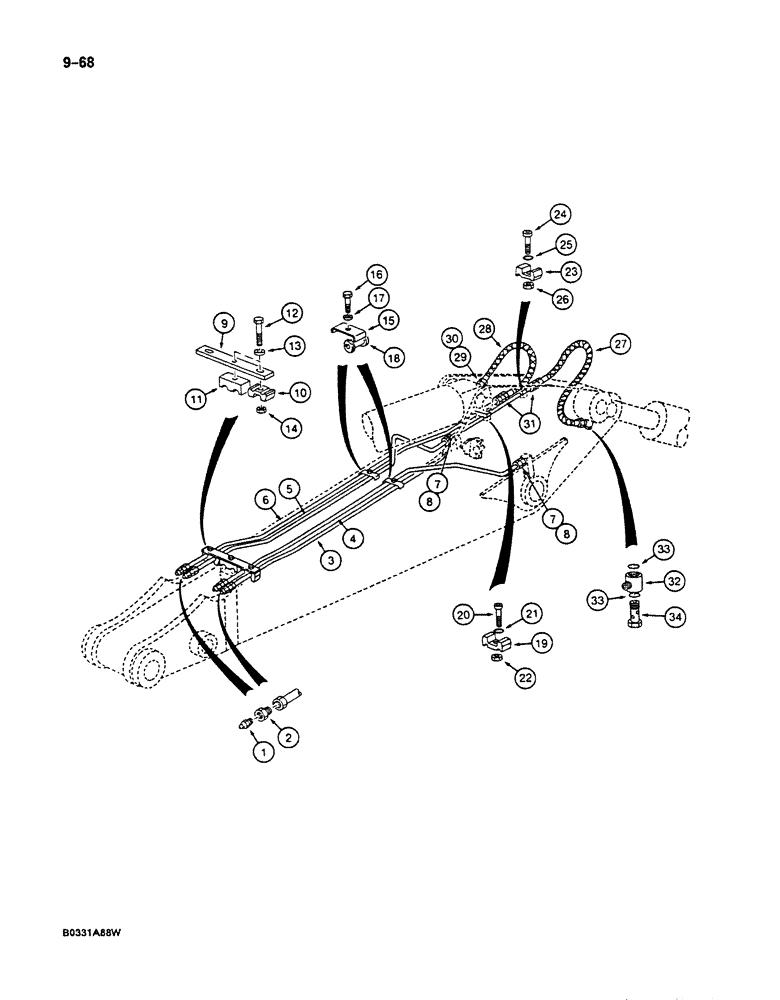 Схема запчастей Case 125B - (9-068) - ARM LUBRICATION LINES, USED ON UNITS W/ 2.5 M ARM, P.I.N. 74845 THRU 74963, 21801 THRU 21806, 21809 (09) - CHASSIS