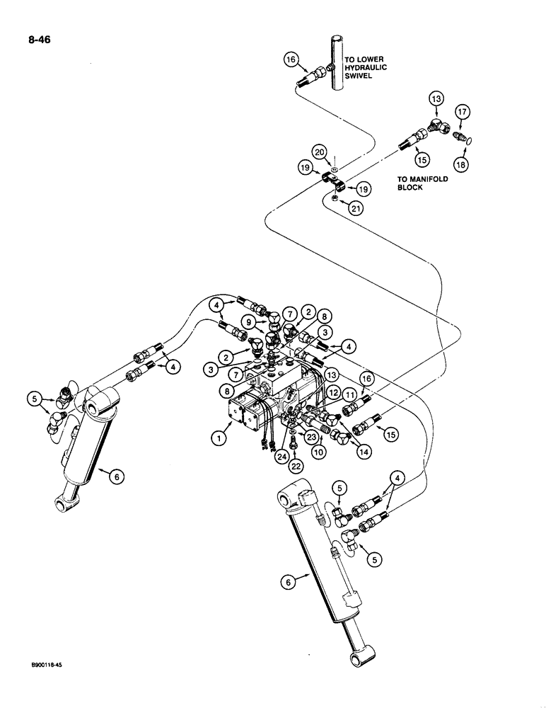 Схема запчастей Case 1085C - (8-046) - REAR OUTRIGGER HYDRAULICS, USED ON MODELS WITH TWO SPOOL CONTROL VALVE (08) - HYDRAULICS