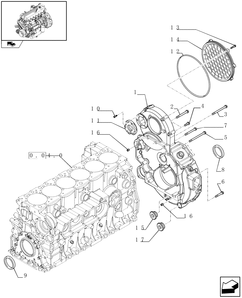 Схема запчастей Case F2CE9684H E003 - (0.04.3) - FLYWHEEL CASE (504129217 - 504134507) 