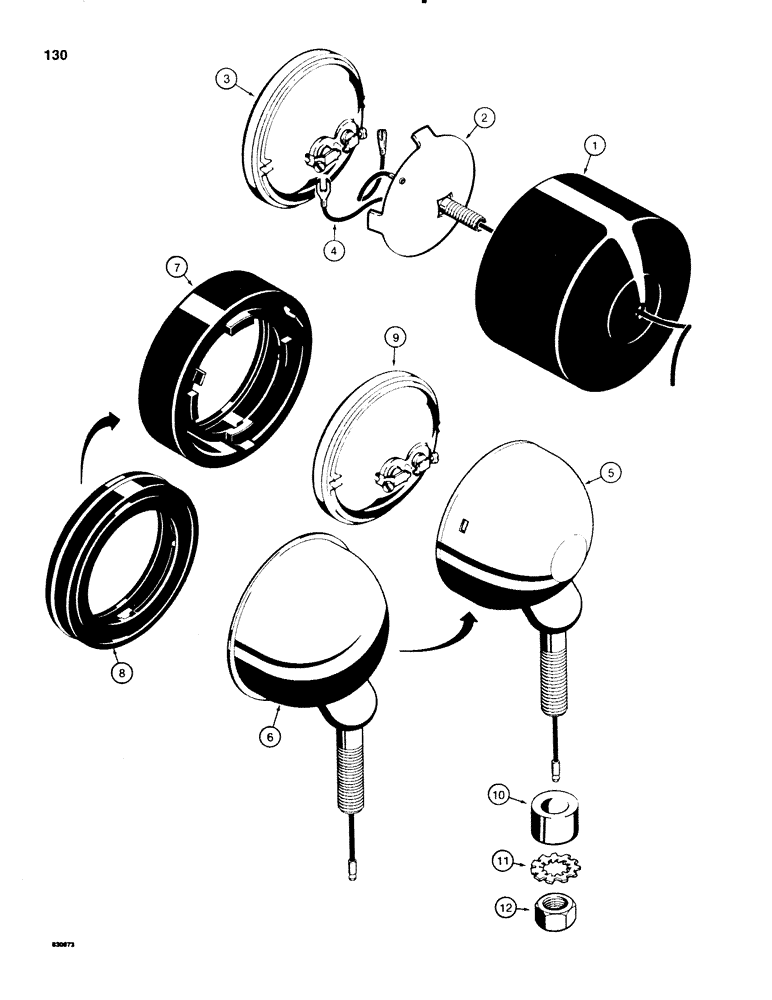 Схема запчастей Case 580SE - (130) - INCANDESCENT TRACTOR LAMPS, FRONT DRIVING AND REAR FLOOD LAMPS,USED ON MODELS W/O CAB OR CANOPY (04) - ELECTRICAL SYSTEMS