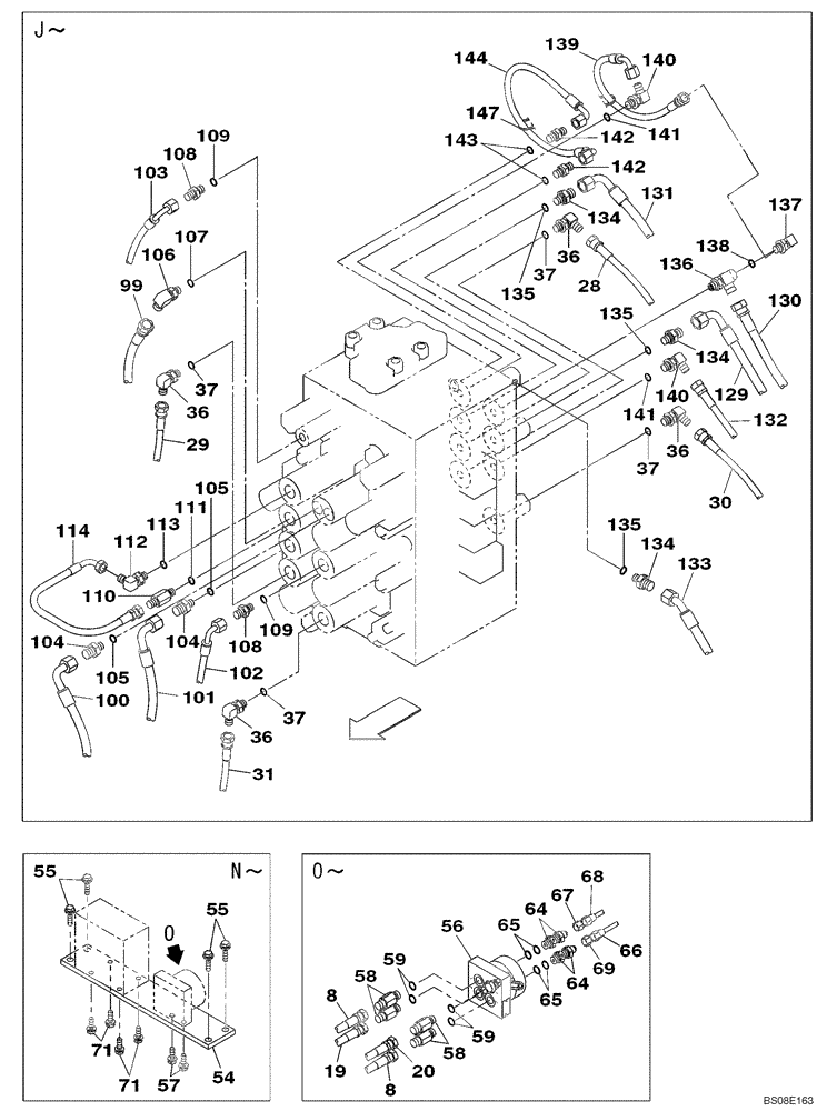 Схема запчастей Case CX350B - (08-42) - PILOT CONTROL LINES, CONTROL VALVE - TWO WAY (08) - HYDRAULICS