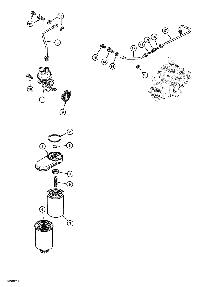 Схема запчастей Case 850G - (3-10) - FUEL FILTER AND LIFT PUMP (PRIOR TO P.I.N. JJG0254015, EXCEPT FOR JJG0254005 TO JJG0254009) (02) - FUEL SYSTEM