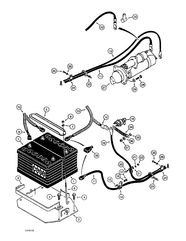 Схема запчастей Case 1155E - (4-24) - BATTERY MOUNTING, CABLES, AND STARTER, 6-830 AND 6T-830 (04) - ELECTRICAL SYSTEMS