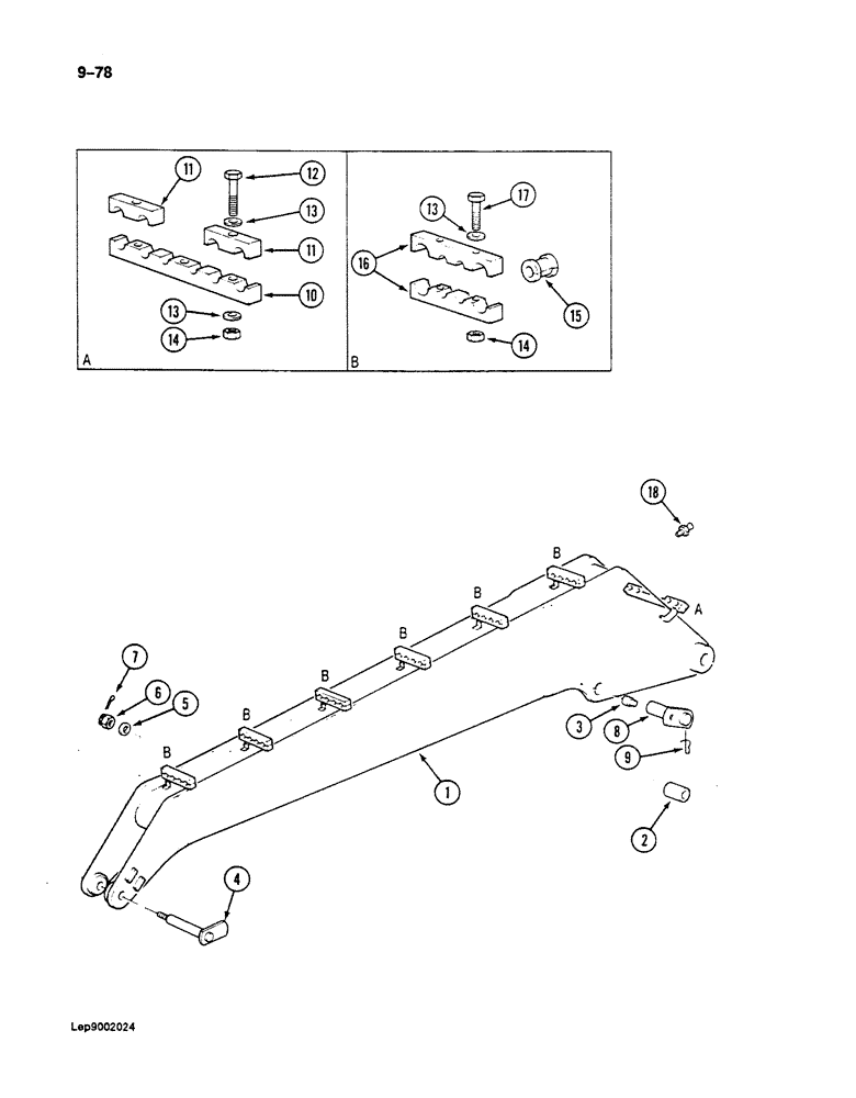 Схема запчастей Case 125B - (9-078) - REHANDLING ARM, LINKS AND MOUNTING PINS, IF USED (09) - CHASSIS