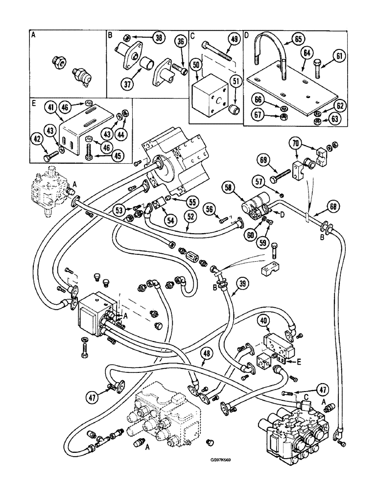 Схема запчастей Case 220B - (8-014) - HYDRAULIC PUMP LINES, HIGH PRESSURE PUMP TO CONTROL VALVES, P.I.N 74570 - 74597, P.I.N 03201 - 03208 (08) - HYDRAULICS