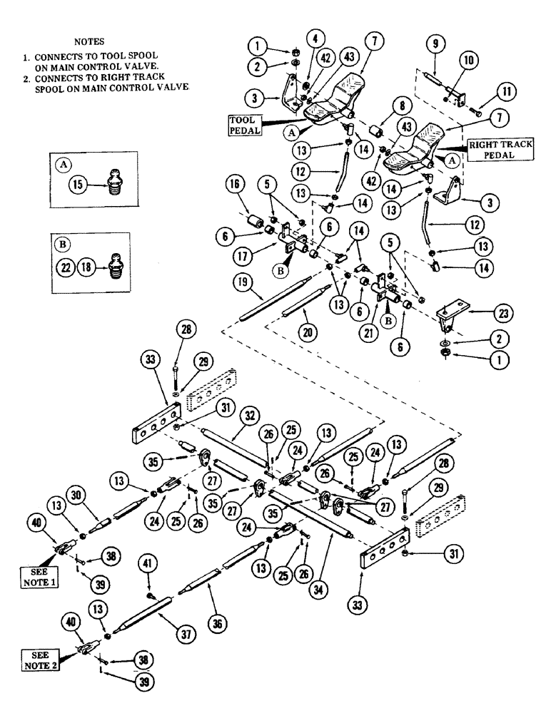 Схема запчастей Case 40 - (150) - PEDALS AND ATTACHING PARTS FOR: RIGHT TRACK AND TOOL CONTROL (33) - BRAKES & CONTROLS