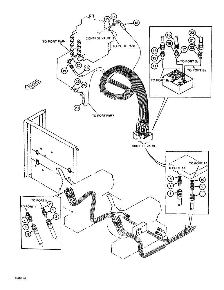 Схема запчастей Case 9030B - (8-036) - BUCKET CONTROL LINES, FOR ALL MODELS EXCEPT THOSE WITH LONG REACH (08) - HYDRAULICS