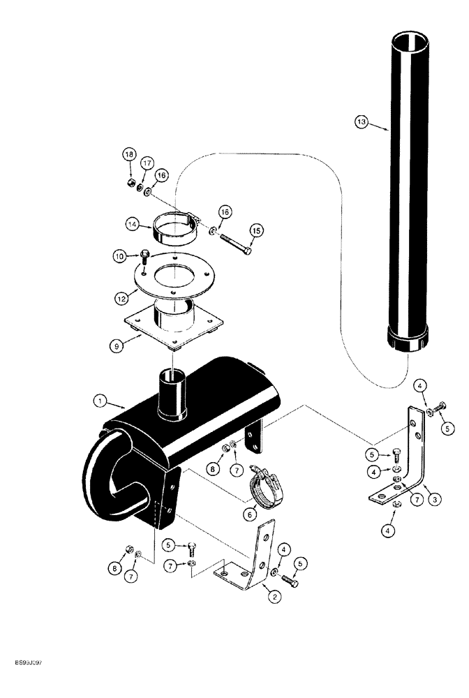 Схема запчастей Case 550G - (2-21A) - MUFFLER MOUNTING AND EXHAUST PARTS, MODELS WITH TURBOCHARGER CRAWLER P.I.N. JJG0255794 AND AFTER (01) - ENGINE