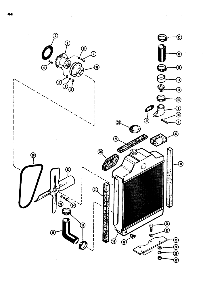 Схема запчастей Case 480B - (044) - RADIATOR, FAN AND WATER PUMP, (148B) SPARK IGNITION ENGINE 