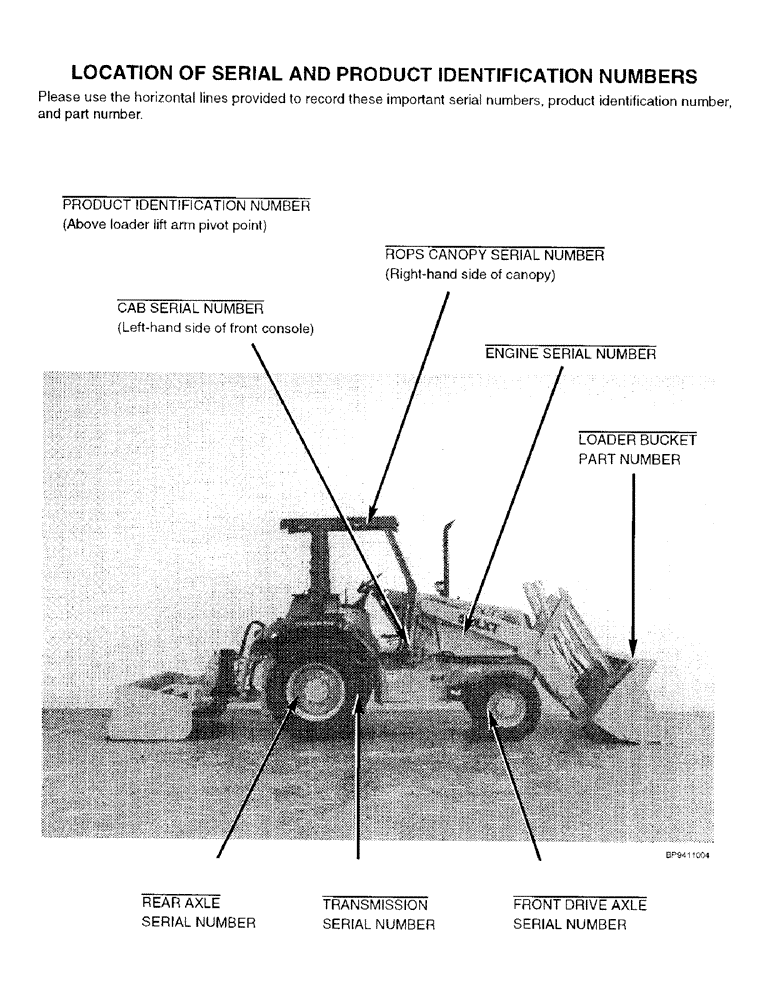 Схема запчастей Case 580L - (1-002) - LOCATION OF SERIAL AND PRODUCT IDENTIFICATION NUMBERS (00) - PICTORIAL INDEX