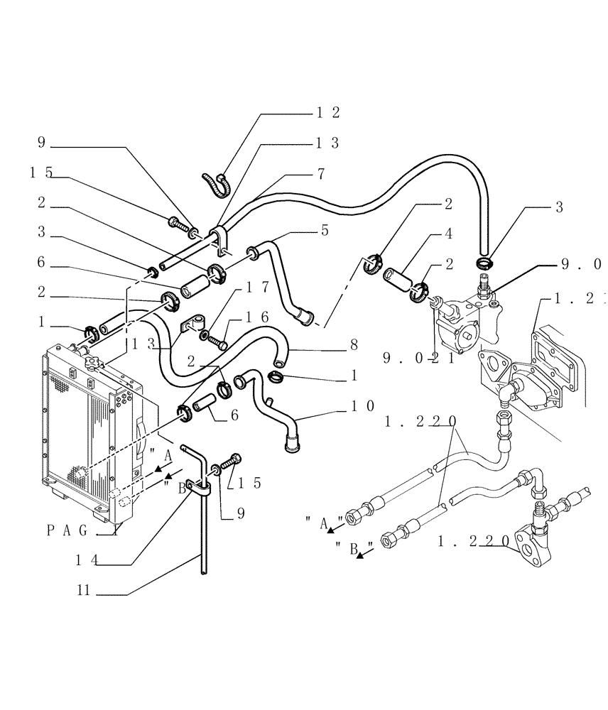 Схема запчастей Case 1850K LT - (0.550[03]) - ENGINE COOLING SYSTEM - PIPING (01) - ENGINE