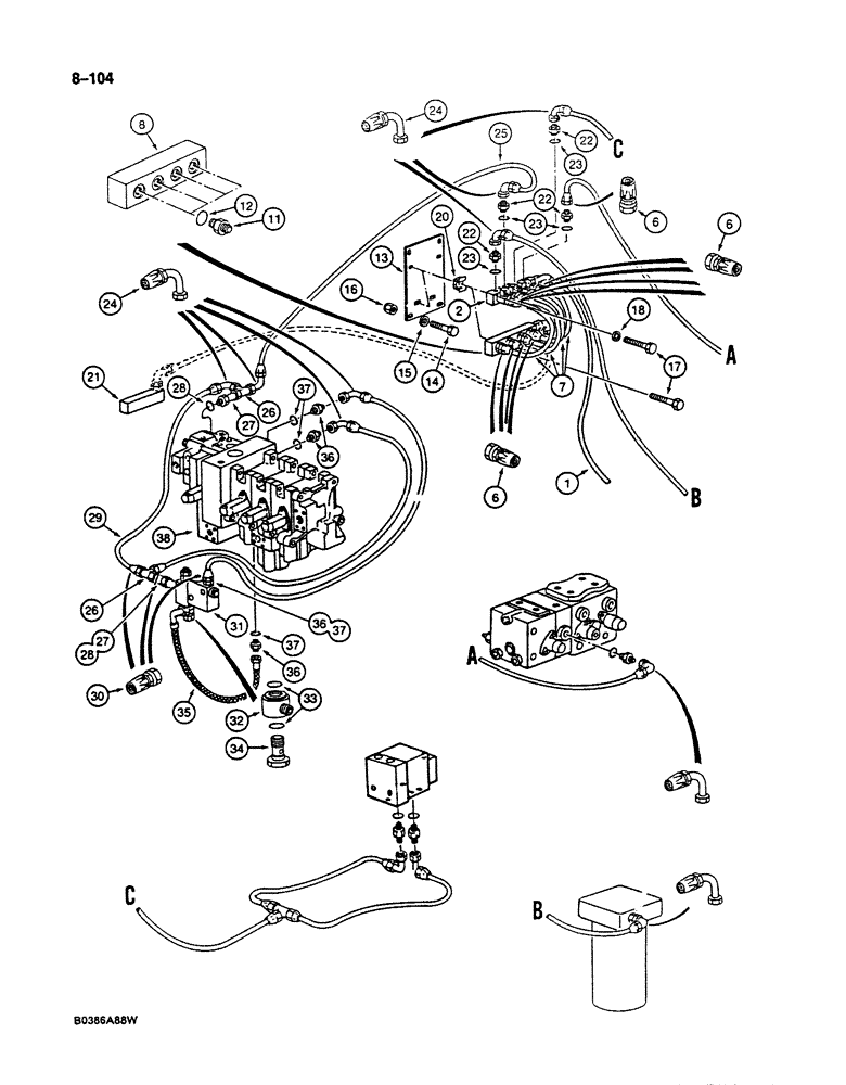 Схема запчастей Case 125B - (8-104) - HYD. CIRCUIT FOR CONTROLS, SOLENOID VALVE TO MAIN CONTROL VALVES & SWIVEL, P.I.N. 74251 THRU 74281 (08) - HYDRAULICS