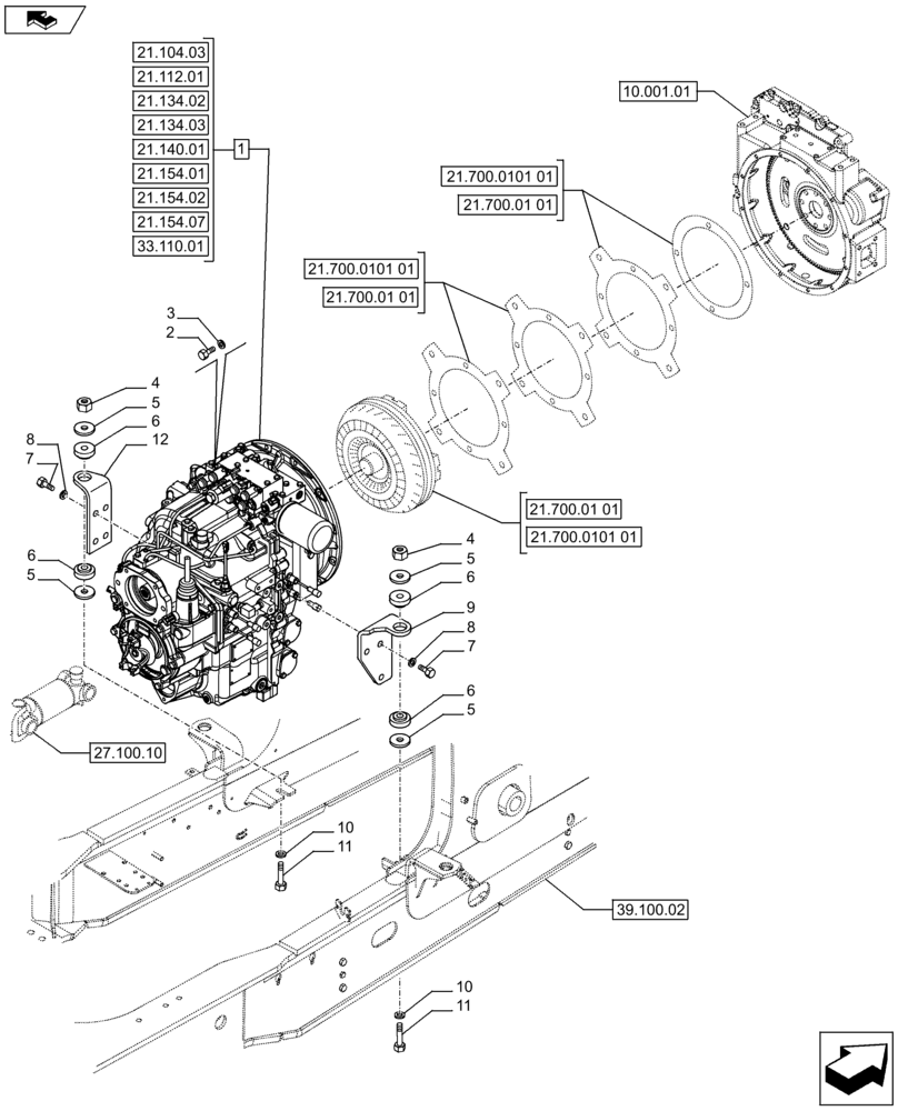 Схема запчастей Case 590SN - (21.112.04[01]) - VAR - 423058 - STANDARD TRANSMISSION - MOUNTING - 2WD (21) - TRANSMISSION