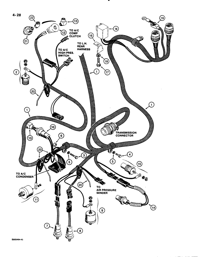 Схема запчастей Case 621 - (4-28) - REAR HARNESS, ENGINE RIGHT-HAND SIDE, P.I.N. JAK0020901 AND AFTER (04) - ELECTRICAL SYSTEMS