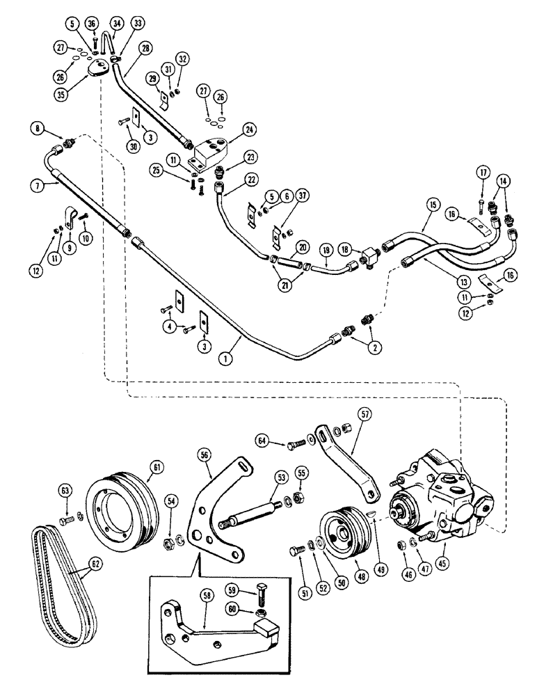 Схема запчастей Case W12 - (134) - POWER STEERING HOSES AND TUBES, POWER STEERING PUMP MOUNTING (06) - POWER TRAIN