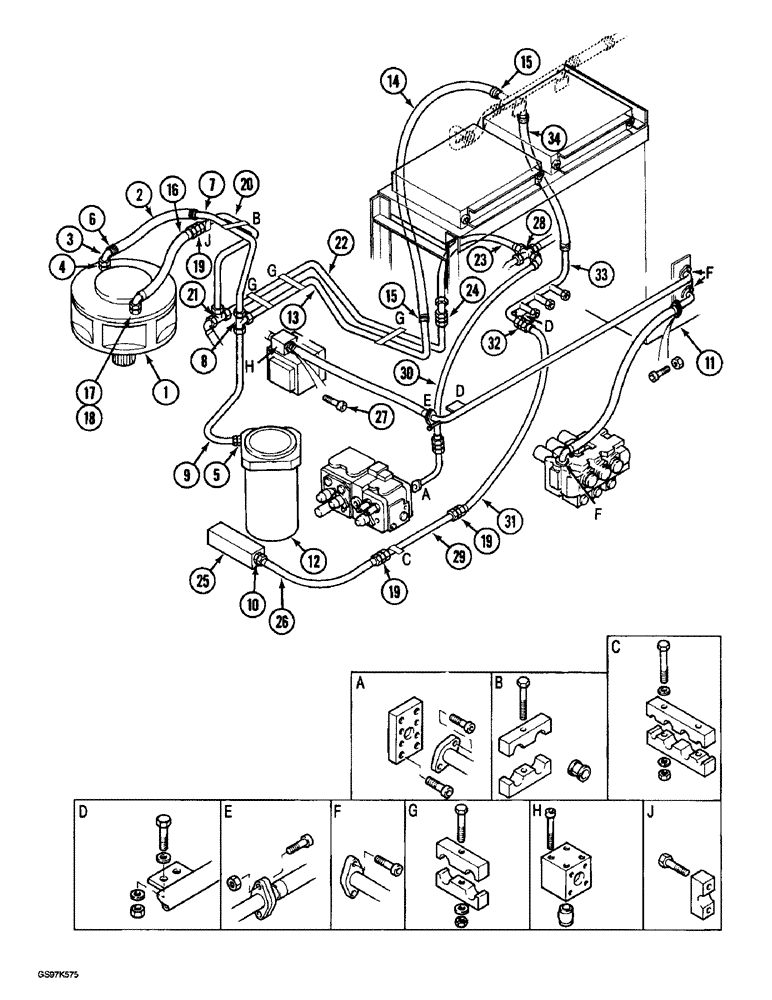 Схема запчастей Case 220B - (8-026) - HYDRAULIC CIRCUIT, RETURN LINES FROM VALVES, P.I.N. 74570 - 74597, P.I.N. 03201 & AFTER (08) - HYDRAULICS