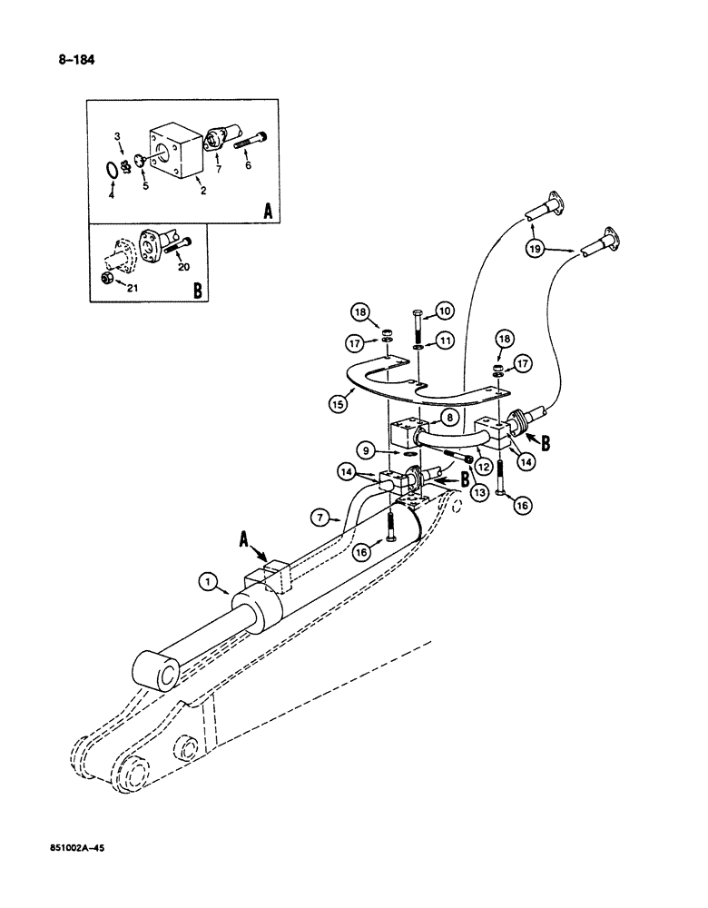 Схема запчастей Case 125B - (8-184) - TOOL CYL. CIRCUIT, TUBES AT CYL., W/ 8 3 " ( 2.5M) OR 10 6" (3.2M) ARM, (08) - HYDRAULICS