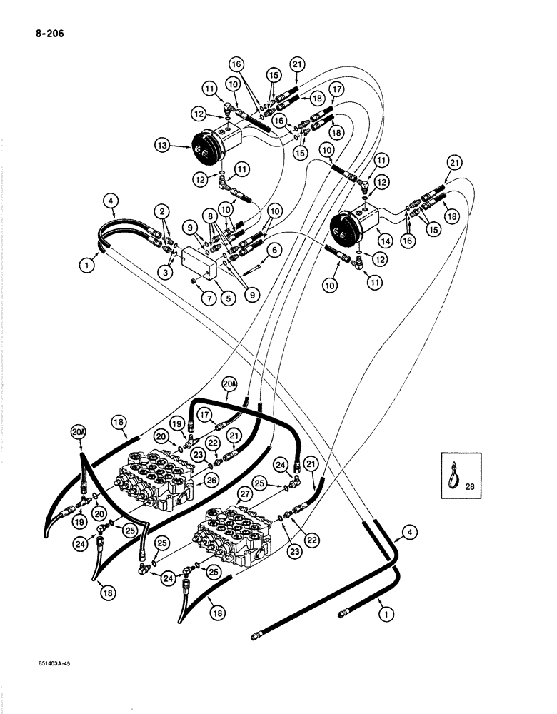 Схема запчастей Case 1187B - (8-206) - HYDRAULIC CIRCUIT FOR CONTROLS, MANIFOLD AND HAND LEVER CONTROL VALVE LINES (08) - HYDRAULICS