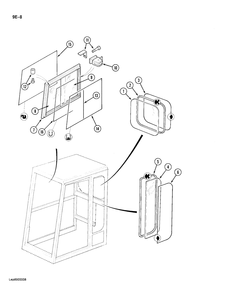 Схема запчастей Case 688 - (9E-08) - CAB, CAB GLASS, INSULATION AND SEALS (09) - CHASSIS