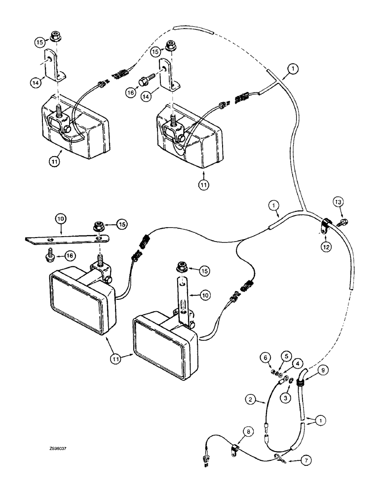 Схема запчастей Case 855E - (4-18) - LAMPS AND WIRING, MODELS WITH ROPS CANOPY, WITH OR WITHOUT SCREEN (04) - ELECTRICAL SYSTEMS