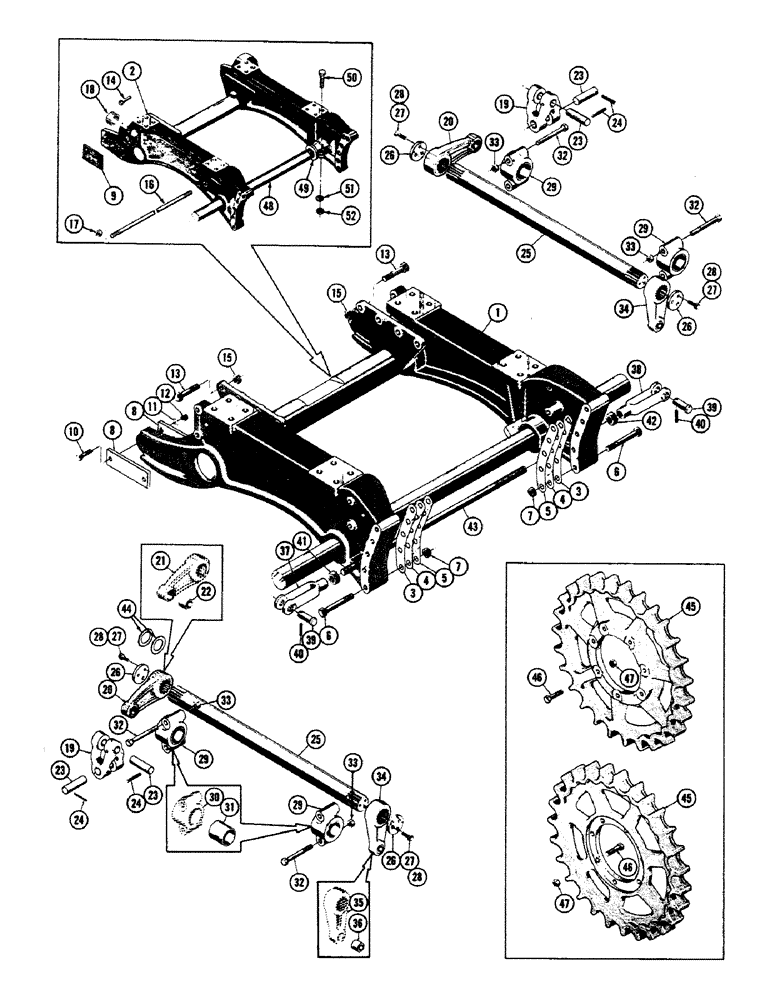 Схема запчастей Case 800 - (156) - SUSPENSION SYSTEM, MAIN FRAME, TORSION BARS, DRIVE SPROCKET (04) - UNDERCARRIAGE