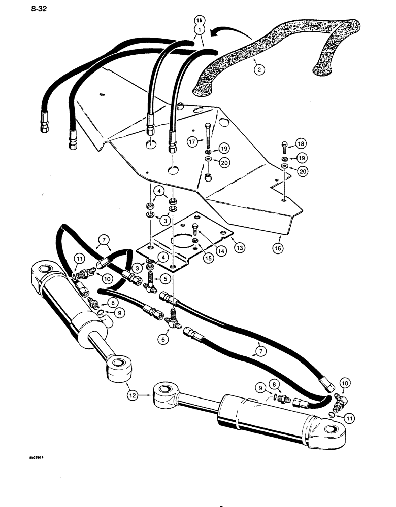 Схема запчастей Case 850D - (8-032) - DOZER ANGLE HYDRAULIC CIRCUIT, GRILLE TO CYLINDERS (08) - HYDRAULICS