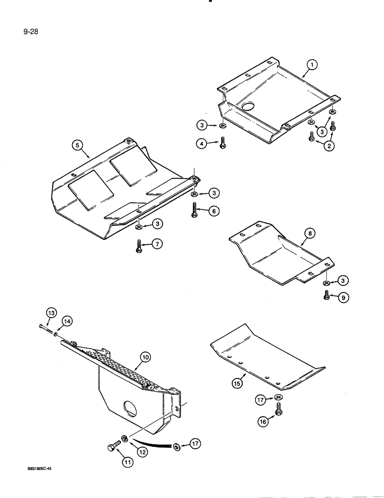 Схема запчастей Case 455C - (9-28) - UNDERCARRIAGE AND REAR TRANSMISSION GUARDS (09) - CHASSIS/ATTACHMENTS