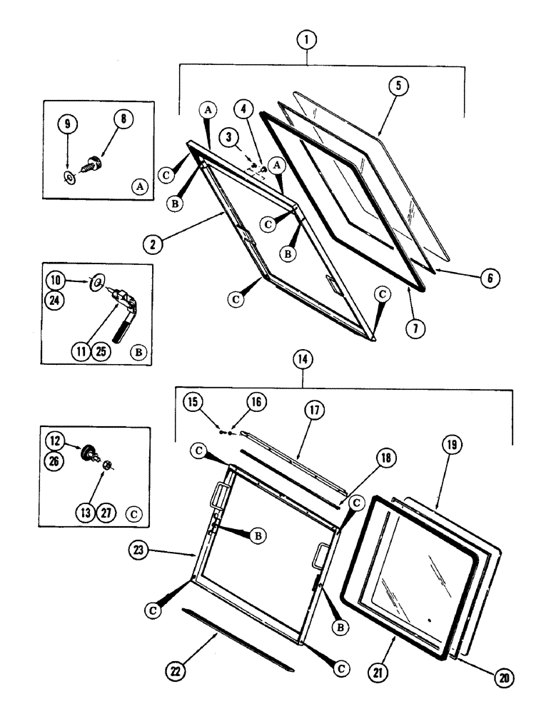 Схема запчастей Case 880B - (080) - CAB AND ATTACHING PARTS, (UPPER AND LOWER FRONT WINDOWS AND ATTACHING PARTS) (05) - UPPERSTRUCTURE CHASSIS