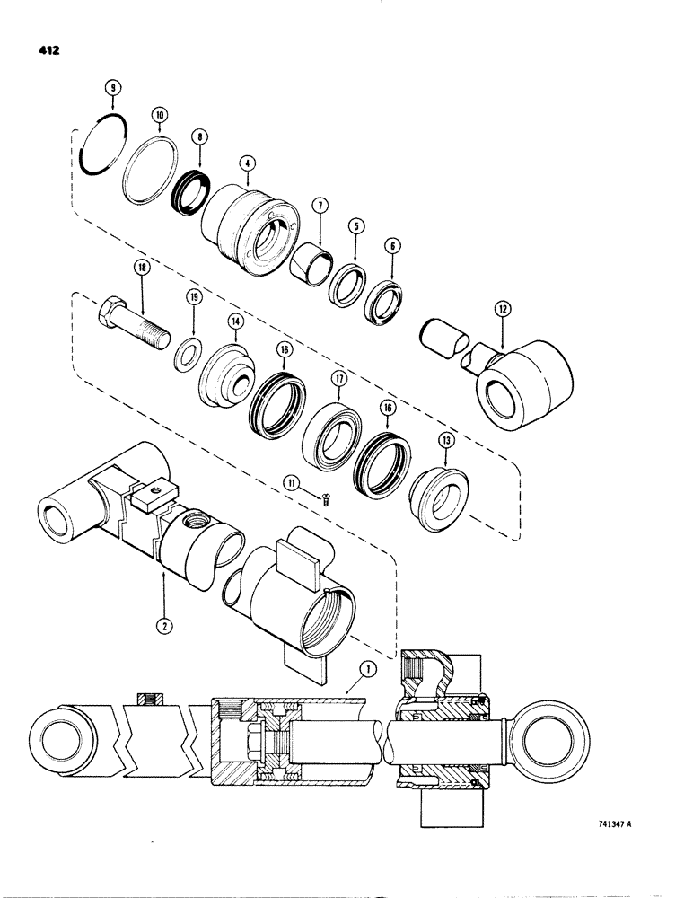 Схема запчастей Case 580C - (412) - G33142 BACKHOE DIPPER EXTENSION CYLINDER, WITH TWO PIECE PISTON (08) - HYDRAULICS