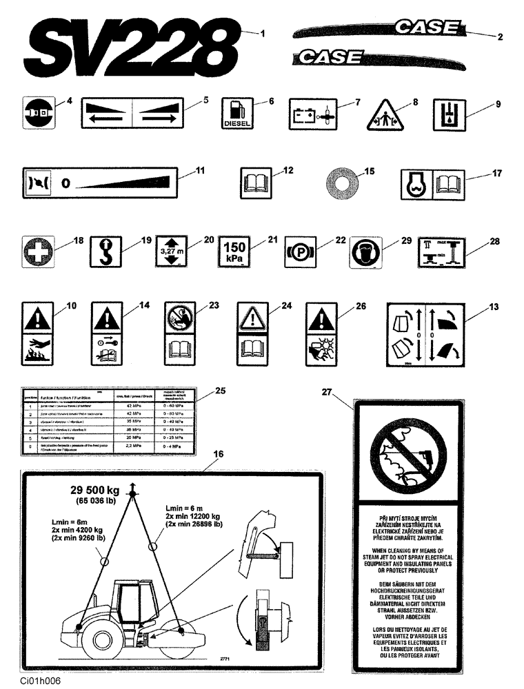 Схема запчастей Case SV228 - (12-028-00[01]) - DECALS (12) - Chassis/Attachments