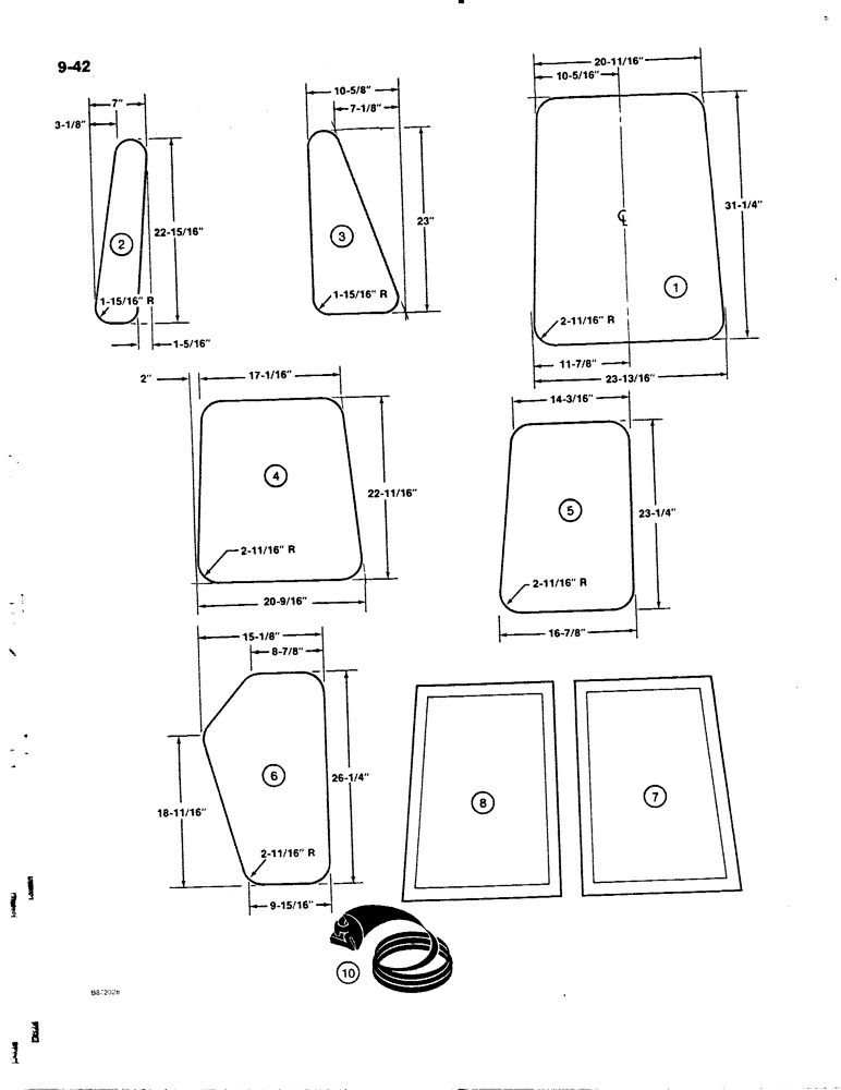 Схема запчастей Case W11B - (9-042) - CAB GLASS, U.S. DIMENSIONS, ORRVILLE CAB WITH ROTARY TYPE HANDLE (09) - CHASSIS/ATTACHMENTS