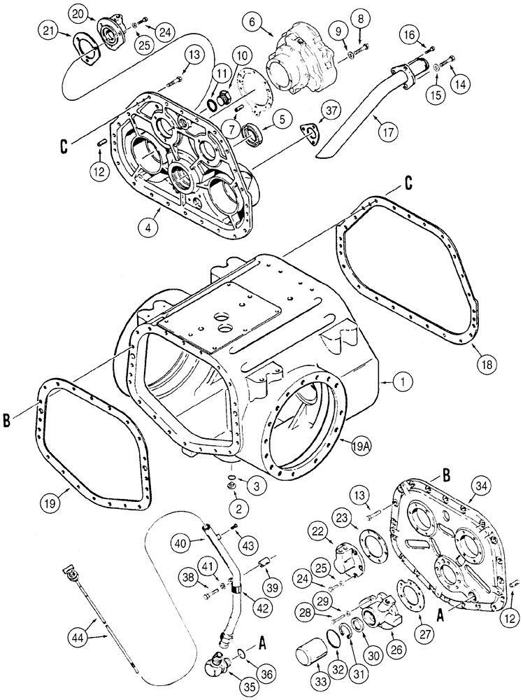 Схема запчастей Case 1150H - (06-04) - TRANSMISSION - HOUSING, COVERS AND DIPSTICK (06) - POWER TRAIN