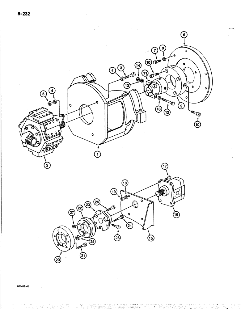 Схема запчастей Case 170B - (8-232) - HYDRAULIC PUMP TO ENGINE COUPLINGS, P.I.N. 74341 THROUGH 74456 (08) - HYDRAULICS