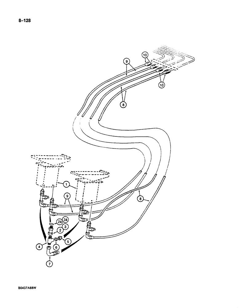 Схема запчастей Case 125B - (8-128) - HYDRAULIC CIRCUIT FOR CONTROLS, CIRCUIT FOR TRAVEL SPEED, P.I.N. 74404 THRU 74844 (08) - HYDRAULICS