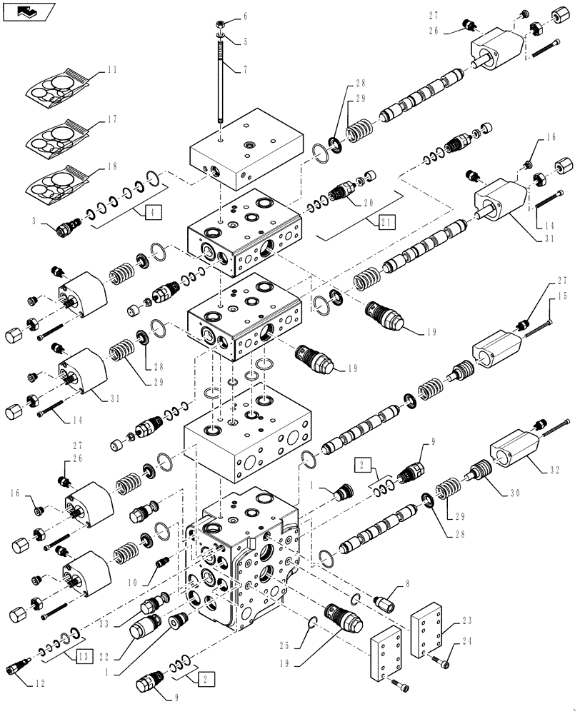 Схема запчастей Case 1121F - (35.724.02) - VALVE, 3 FUNCTIONS ZBAR/XR/LR (35) - HYDRAULIC SYSTEMS