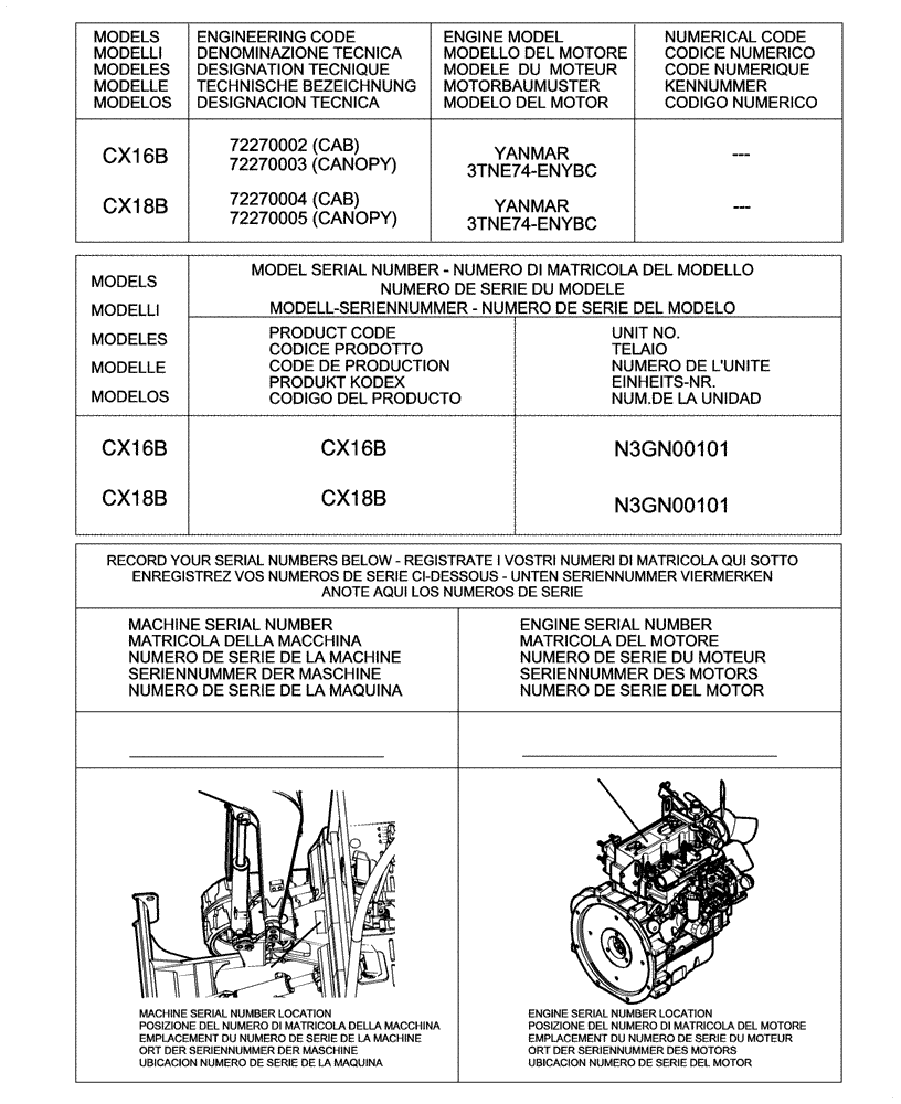 Схема запчастей Case CX16B - (0 - VERSION[00]) - IDENTIFICATION AND VERSION LIST (00) - GENERAL & PICTORIAL INDEX