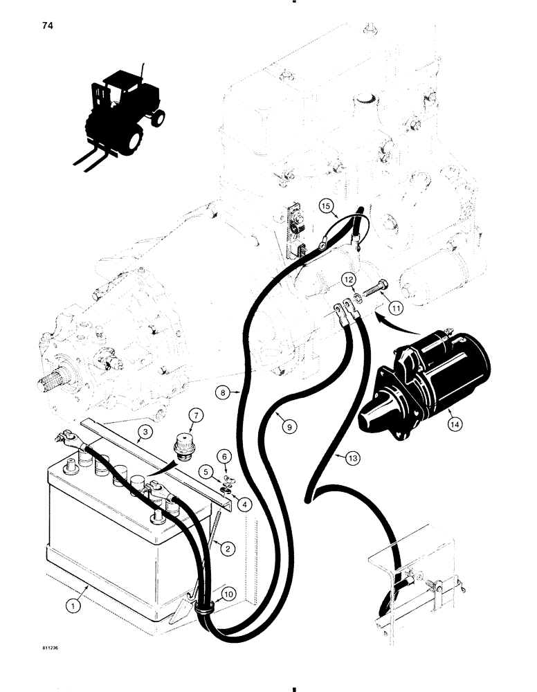 Схема запчастей Case 584C - (074) - ELECTRICAL SYSTEM, BATTERY AND CABLES TO STARTER (55) - ELECTRICAL SYSTEMS