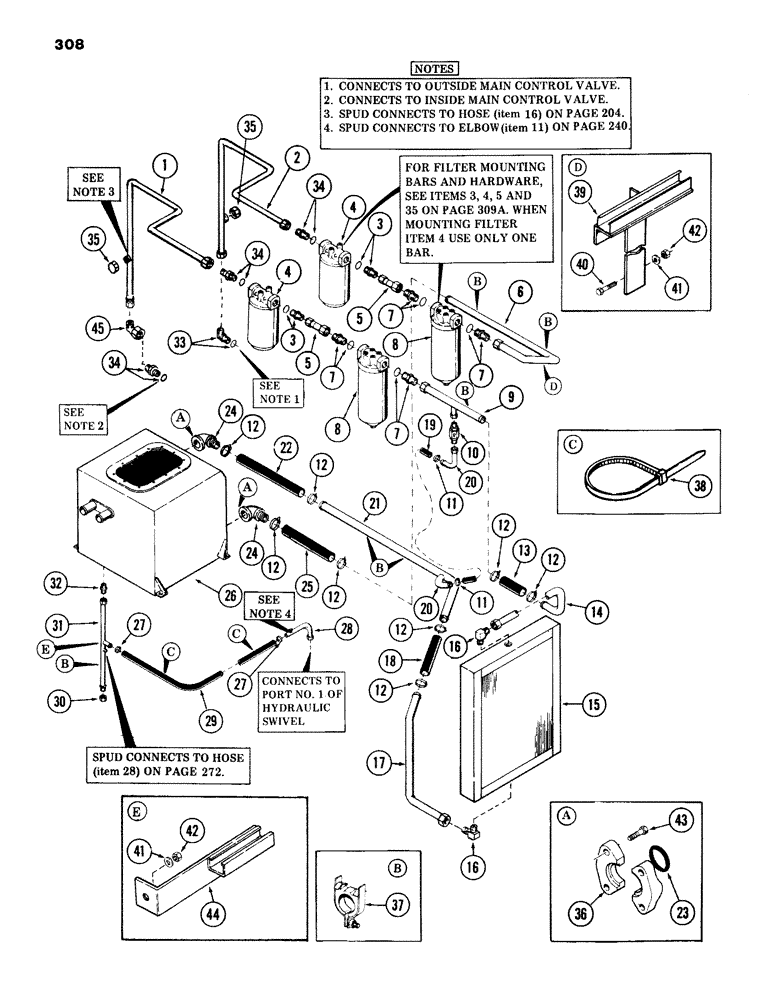 Схема запчастей Case 980B - (308) - MAIN VALVES TO FILTERS TO TANK AND COOLER TUBING, (USED ON UNITS WITH PIN 6204051 THRU 6204132) (07) - HYDRAULIC SYSTEM