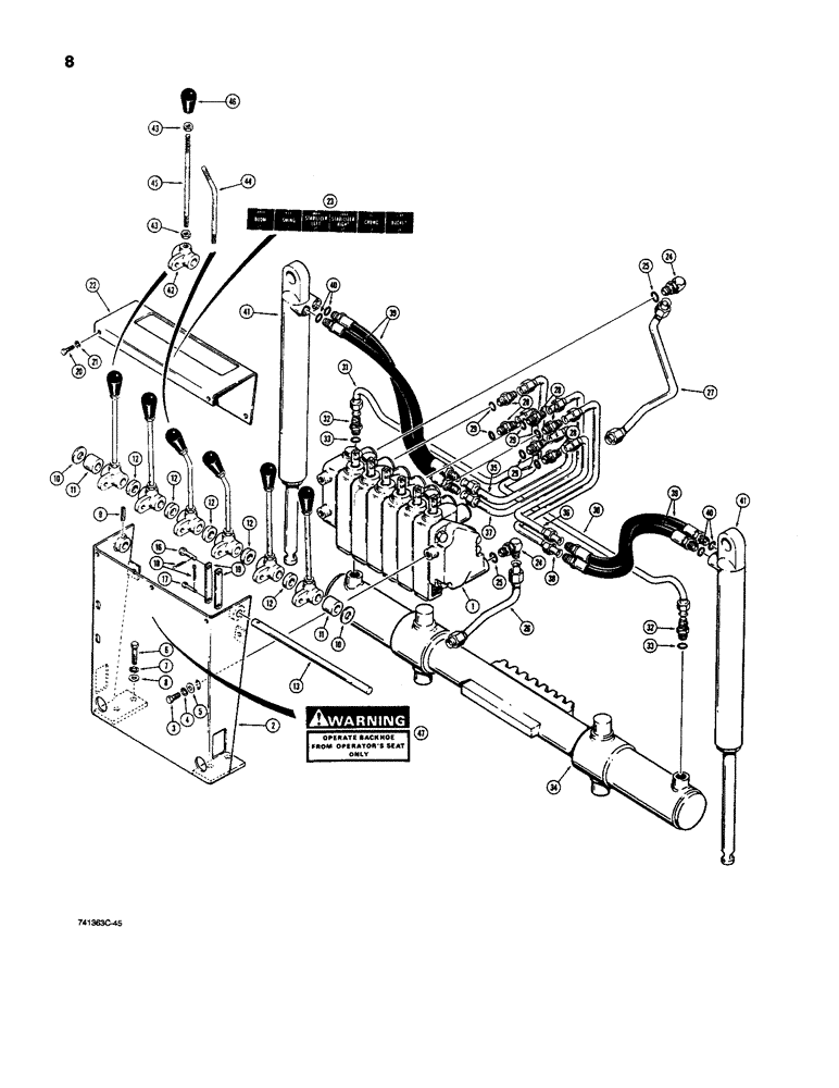 Схема запчастей Case D100 - (7-008) - BACKHOE HYD. LINES, SWING CIRCUIT, STABILIZER CIRCUIT & CONTROLS USED ON BACKHOE SN P1520301 & AFT 