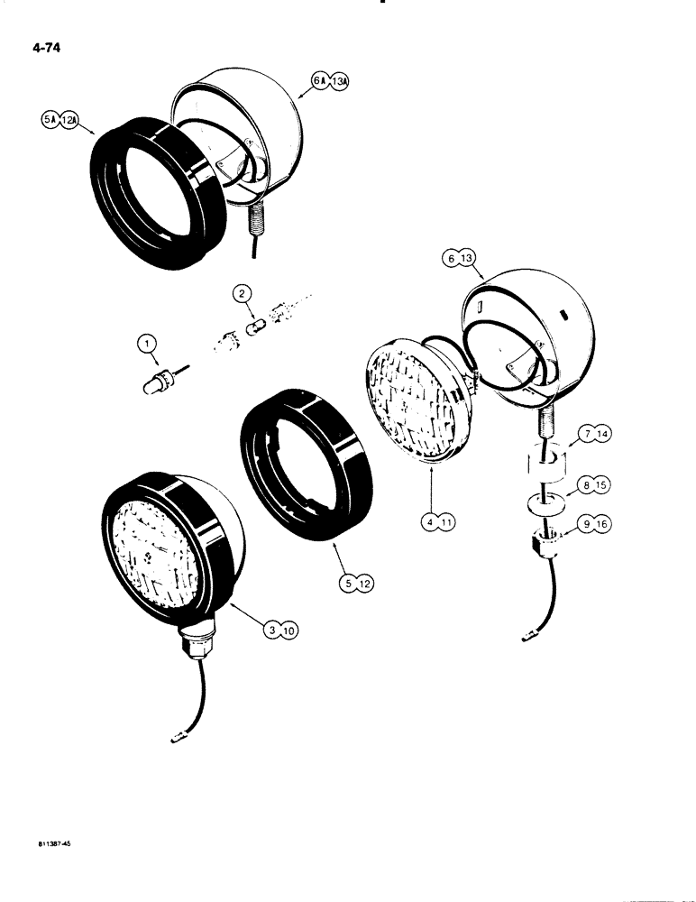 Схема запчастей Case W18B - (4-074) - LAMPS, USED ON W18B AND BEFORE W20C P.I.N. 9155766 (04) - ELECTRICAL SYSTEMS