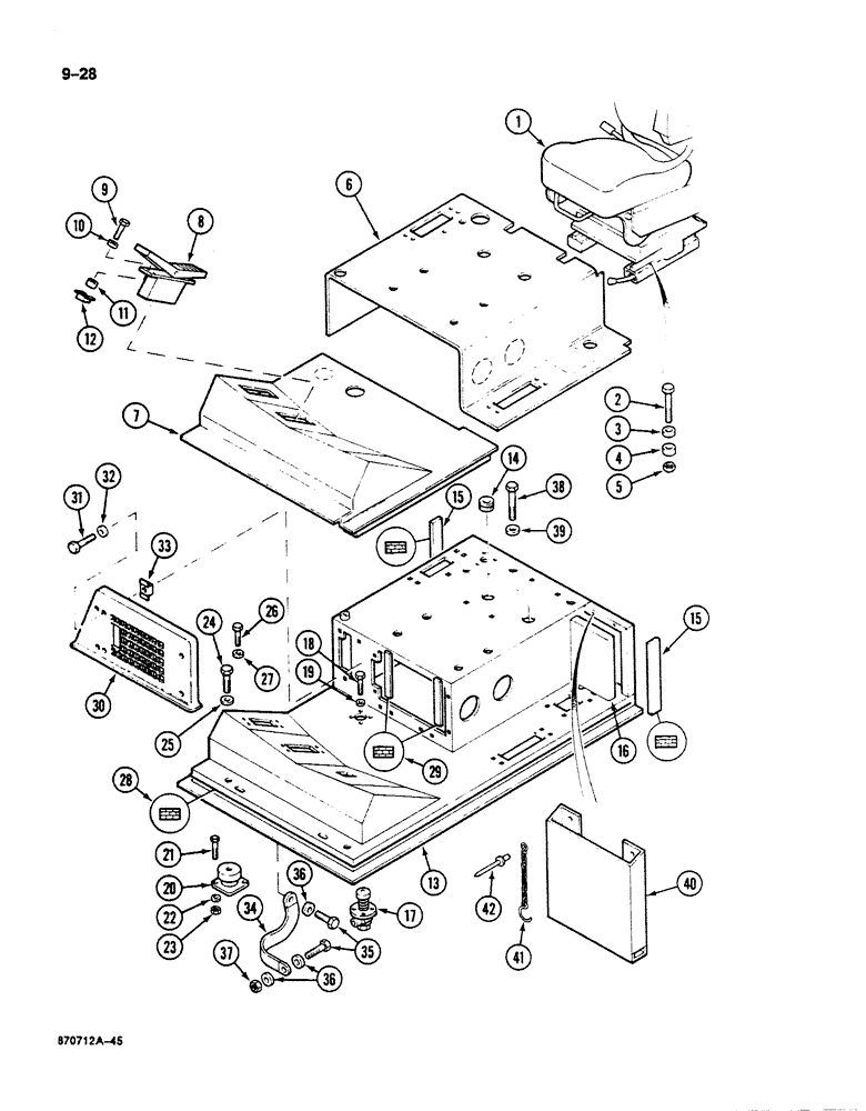 Схема запчастей Case 125B - (9-028) - SEAT MOUNTING, AND FLOOR PLATE, P.I.N. 74631 THROUGH 74963 (09) - CHASSIS