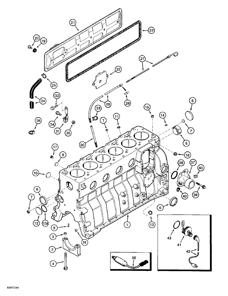 Схема запчастей Case 9030B - (2-60) - CYLINDER BLOCK, 6T-590 EMISSIONS CERTIFIED ENGINE, P.I.N. DAC03#2001 & AFT,PRIOR TO ENG S/N 45534441 (02) - ENGINE