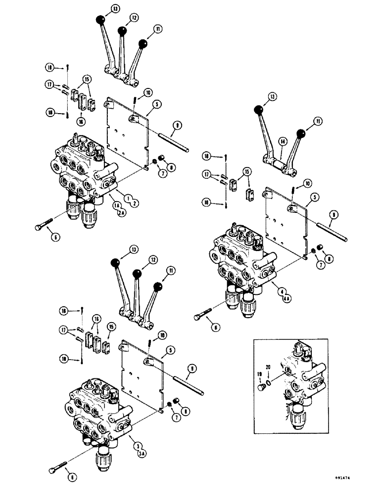 Схема запчастей Case 310G - (208) - EQUIPMENT CONTROL VALVES AND LEVERS (THREE SPOOL) (07) - HYDRAULIC SYSTEM