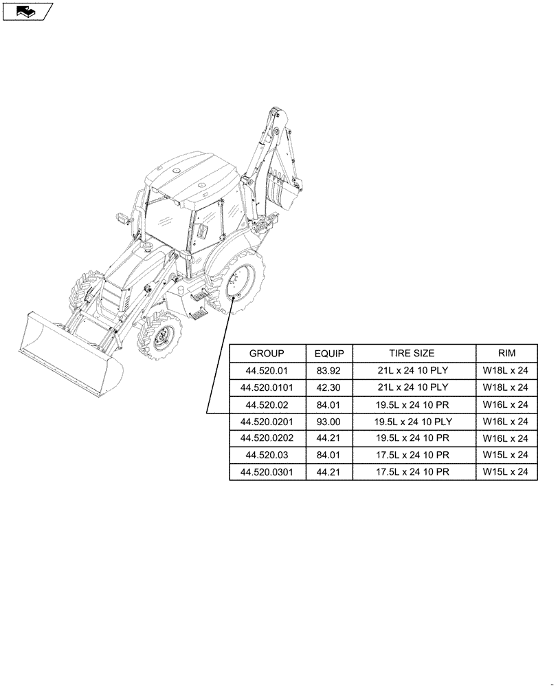 Схема запчастей Case 590SN - (44.000.00[01]) - PICTORIAL INDEX - AXLE AND WHEELS, REAR (44) - WHEELS