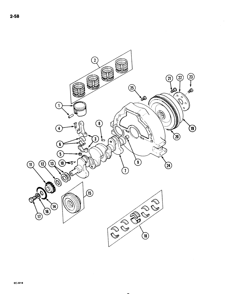 Схема запчастей Case 1825 - (2-58) - PISTONS, CRANKSHAFT AND FLYWHEEL, GASOLINE MODELS (02) - ENGINE