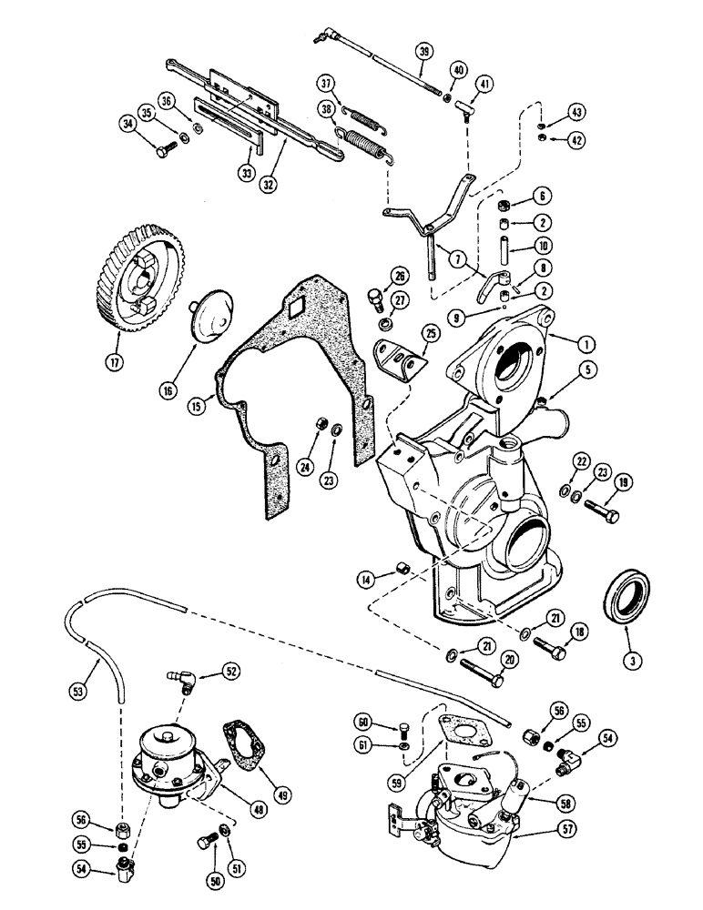 Схема запчастей Case 1700-SERIES - (024) - TIMING GEAR COVER, GOVERNOR AND LINKAGE, 148B SPARK IGNITION ENGINE (10) - ENGINE